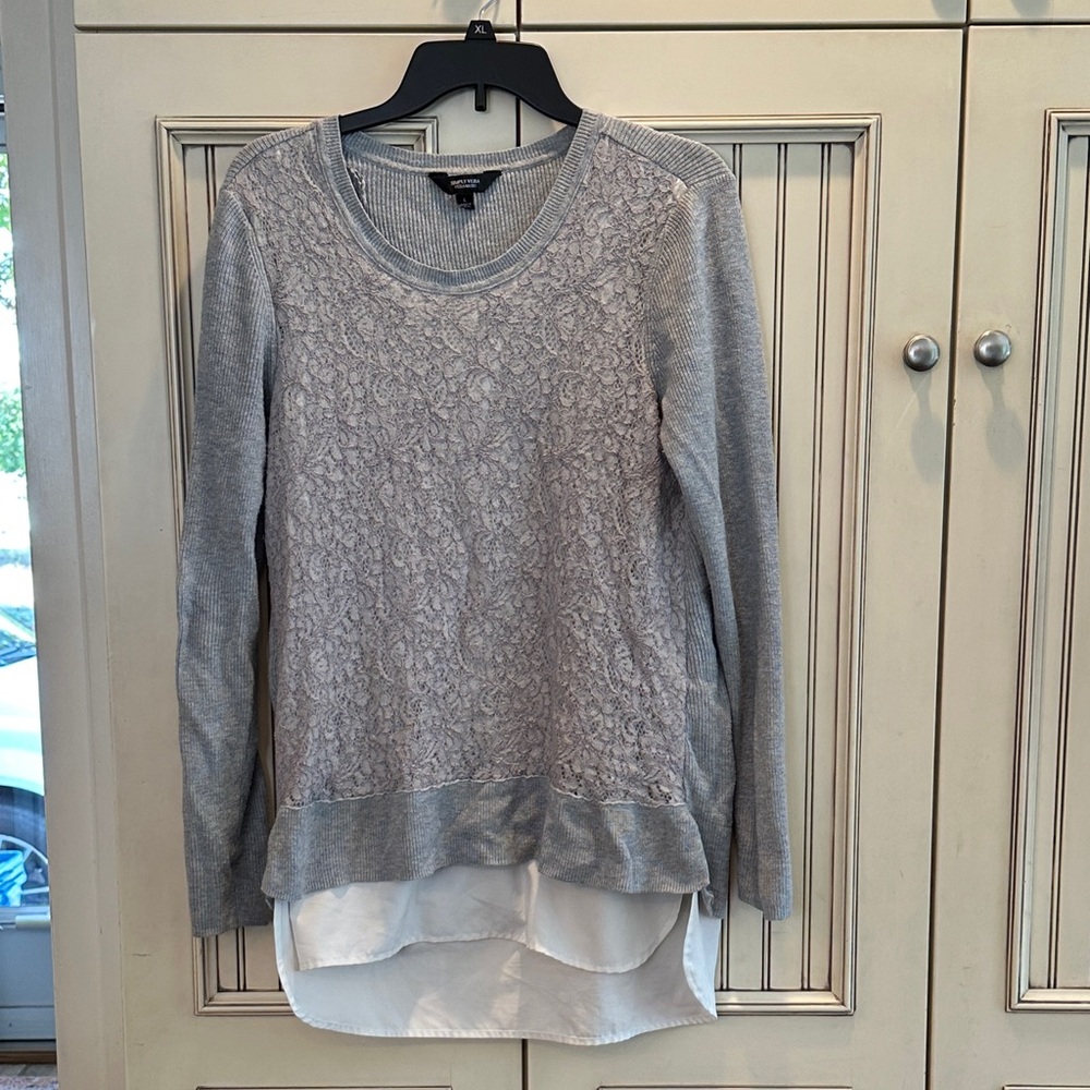 Gray Lace Overlay Sweater with White Hem